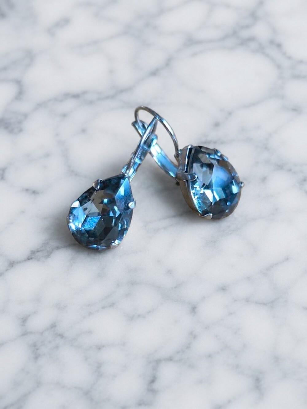 Rhodium Lever Back Drop Earrings with Black Diamond Crystals | Handmade